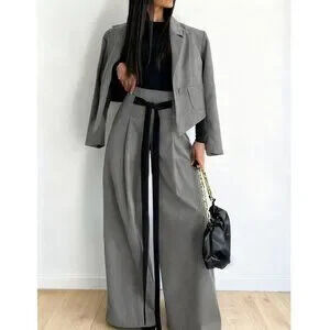 Elegant Grey Women's Blazer Jacket & Wide Leg Pants 2-Piece Set